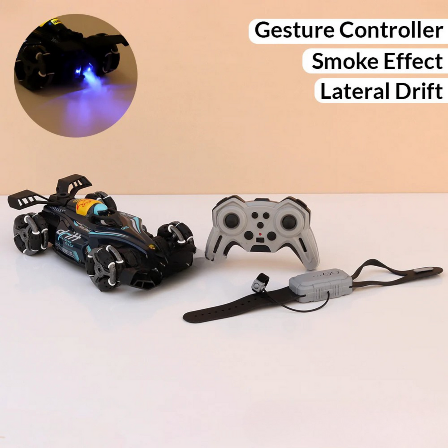 2-in-1 Gesture & Remote Control Drift Racing Car โ 360ยฐ Spins, Lights, Music & Spray Effect for Kids