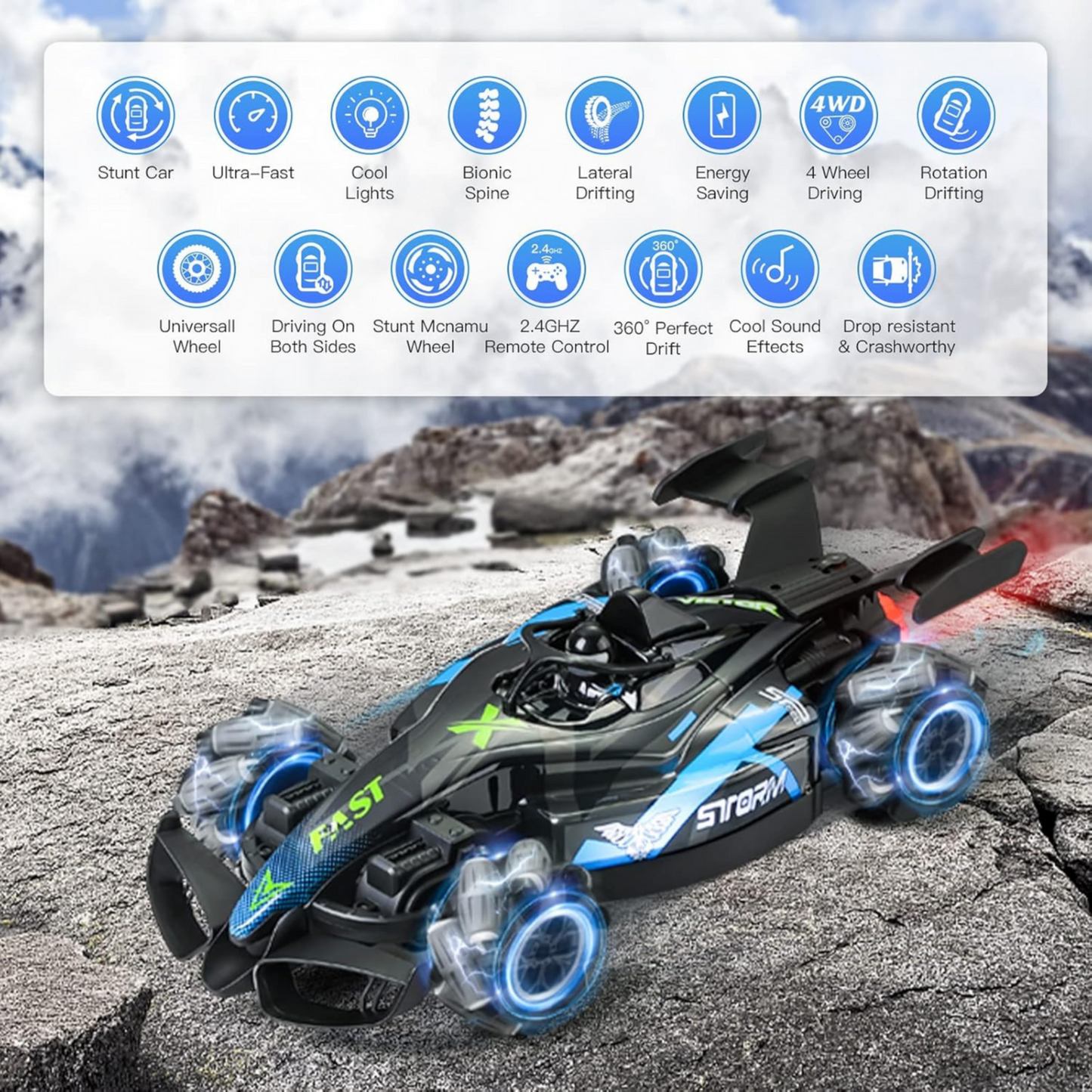 2-in-1 Gesture & Remote Control Drift Racing Car โ 360ยฐ Spins, Lights, Music & Spray Effect for Kids