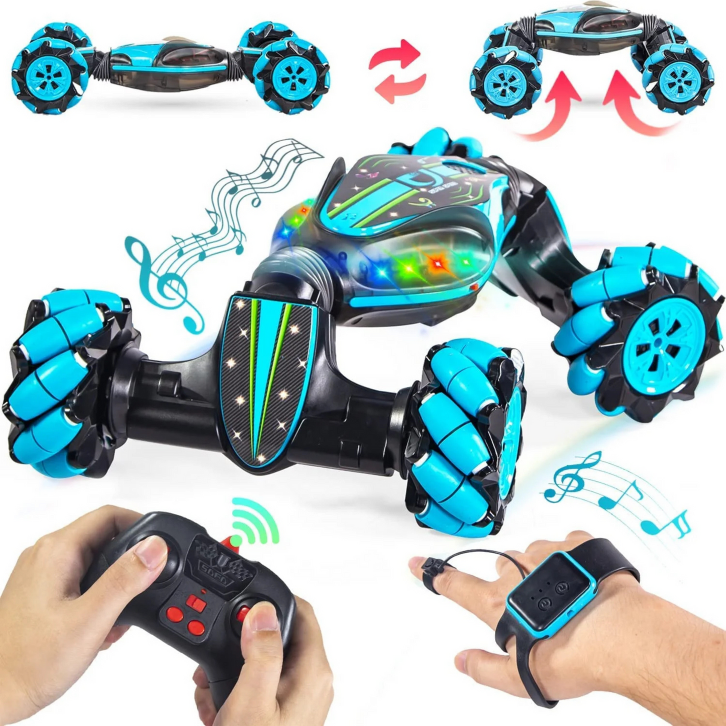360° Gesture Sensing RC Stunt Car – Dual Remote Control with Watch Sensor, Music & Lights