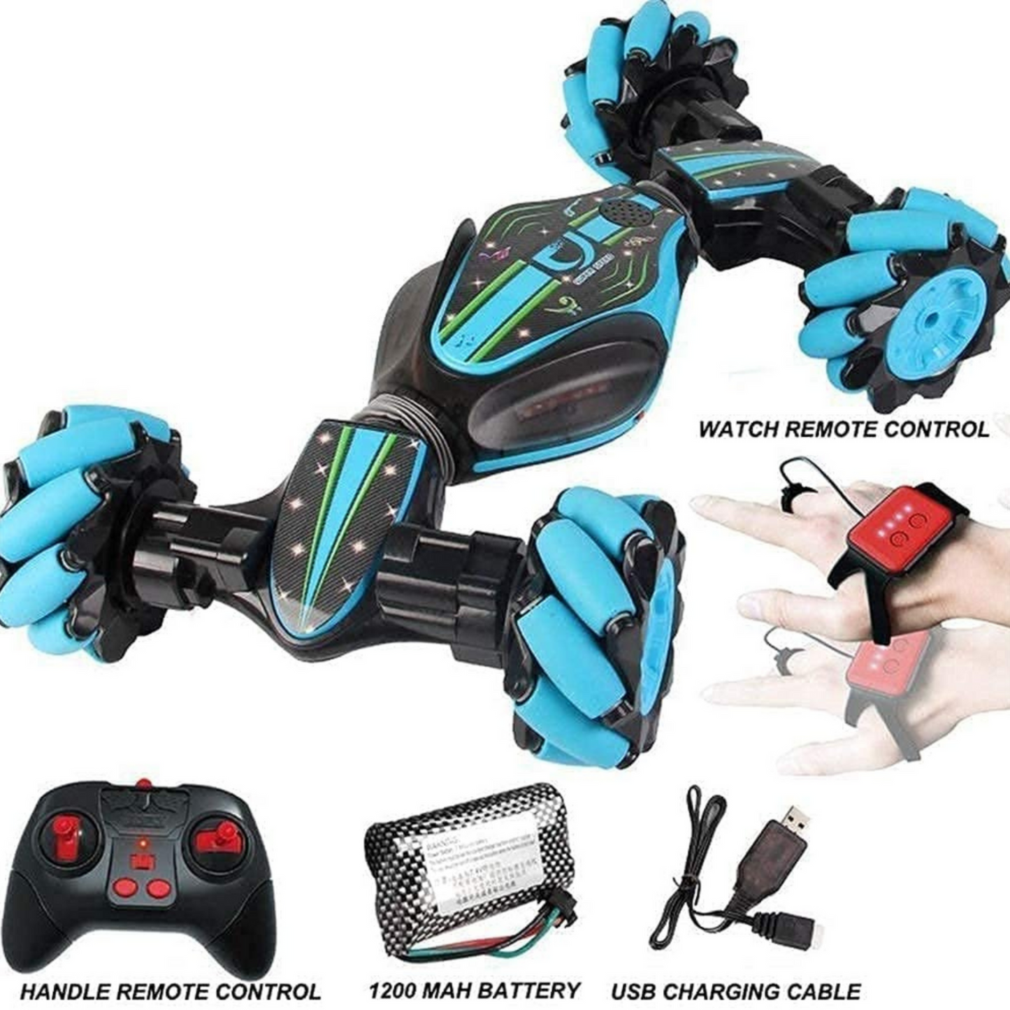 360° Gesture Sensing RC Stunt Car – Dual Remote Control with Watch Sensor, Music & Lights