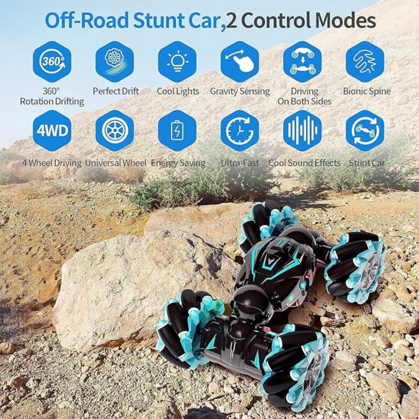 360° Gesture Sensing RC Stunt Car – Dual Remote Control with Watch Sensor, Music & Lights