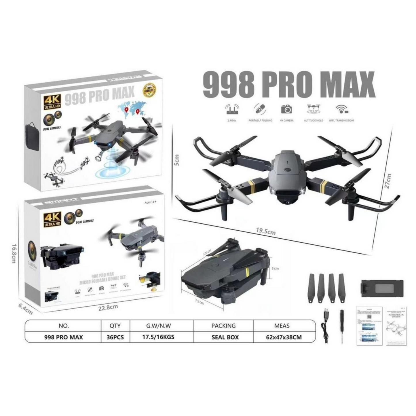 998 PRO MAX 4K Dual Camera Drone β Foldable WiFi RC Quadcopter with Altitude Hold & Headless Mode