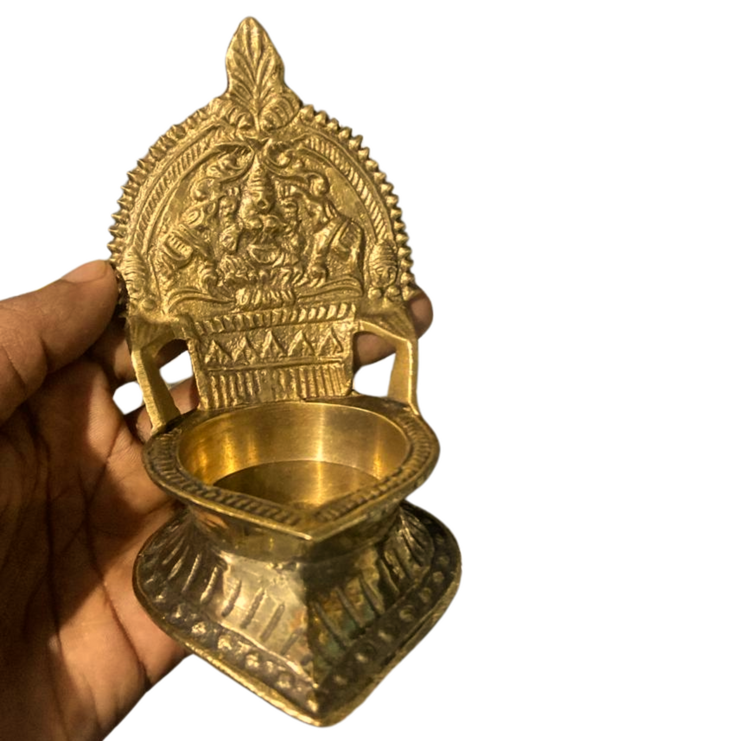 Brass Oil Diya with Goddess Lakshmi Engraving β Traditional Pooja Lamp for Home Mandir