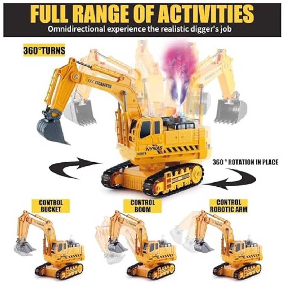 Big RC Excavator – 11-Channel Remote Control Construction Tractor with Smoke Effect, Lights & Sound Toy for Kids