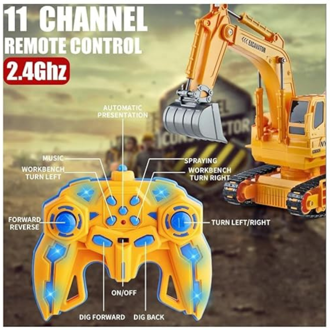 Big RC Excavator – 11-Channel Remote Control Construction Tractor with Smoke Effect, Lights & Sound Toy for Kids