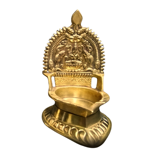 Brass Oil Diya with Goddess Lakshmi Engraving – Traditional Pooja Lamp for Home Mandir