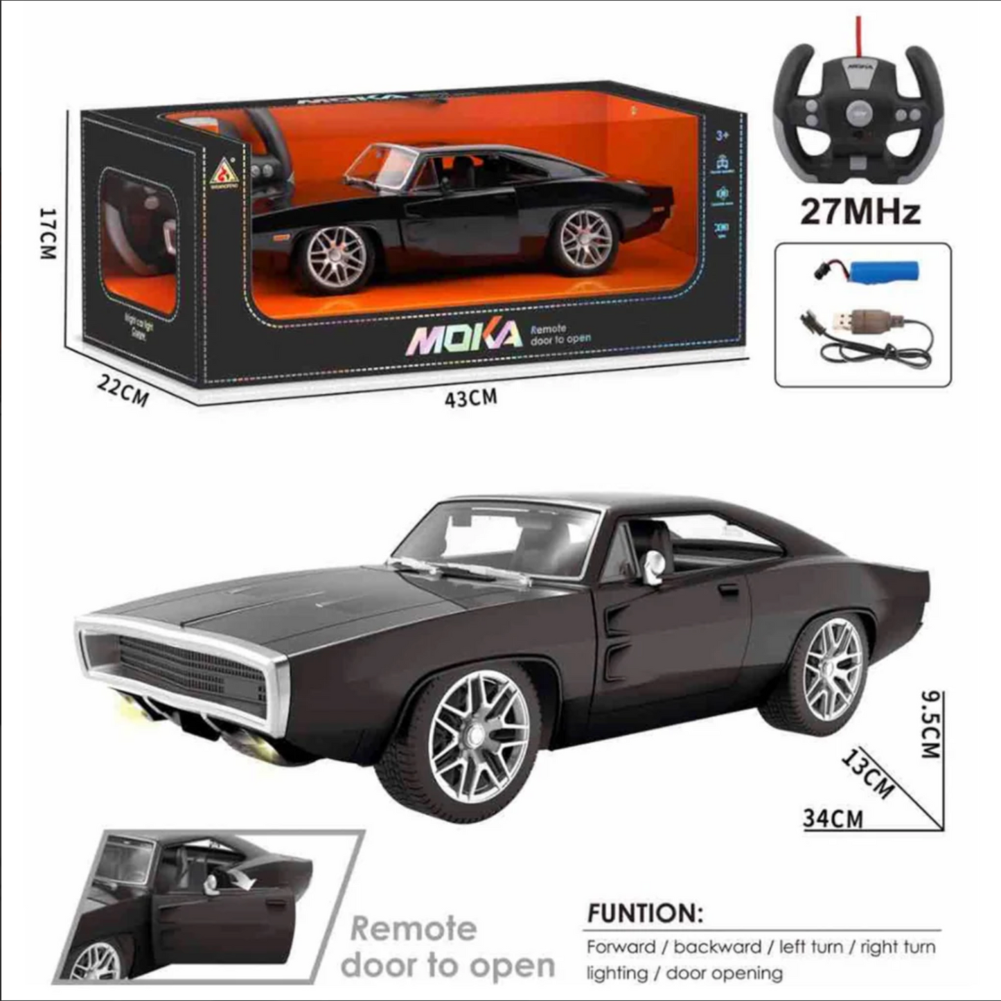 MOKA Remote Control Muscle Car – Rechargeable RC Car with LED Lights & Opening Doors