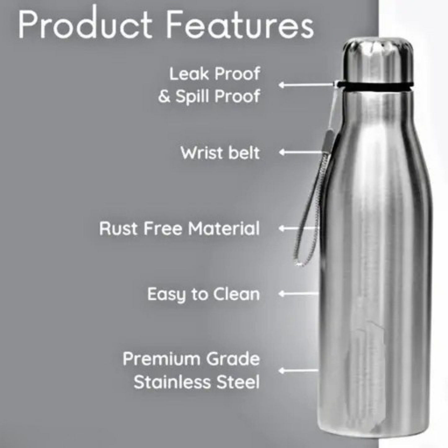 Stainless Steel Slim Light Weight Water Bottle With Loop 1000 Ml
